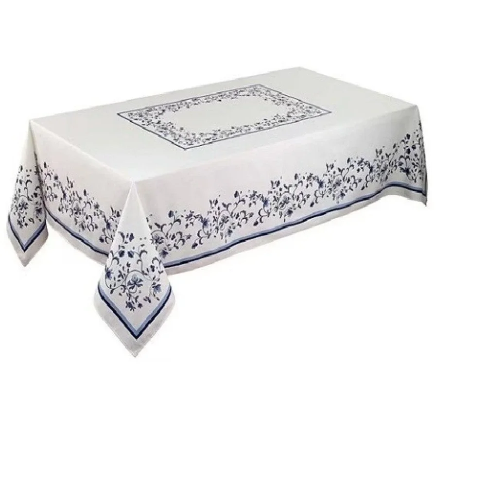 Spode Blue Italian Floral Border TableclothWhite Blue Polyester Rectangle 102x60